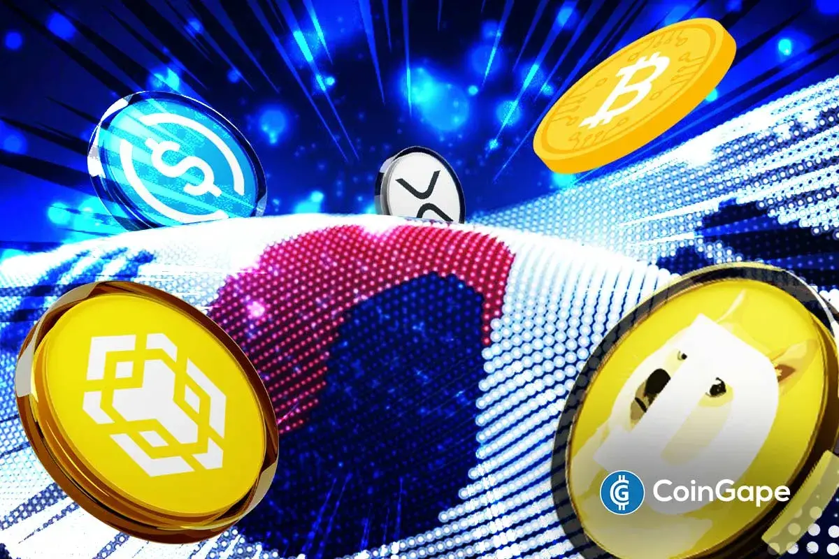 Ilustração digital mostrando diversas moedas de criptomoedas, incluindo Bitcoin e stablecoins, sobre fundo azul com efeitos luminosos e correntes de blockchain.