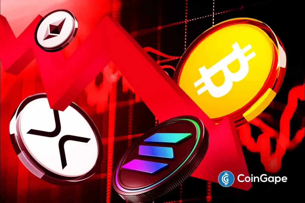 Imagem conceitual mostrando símbolos de Bitcoin, Ethereum e XRP em queda sobre fundo vermelho com gráficos descendentes.