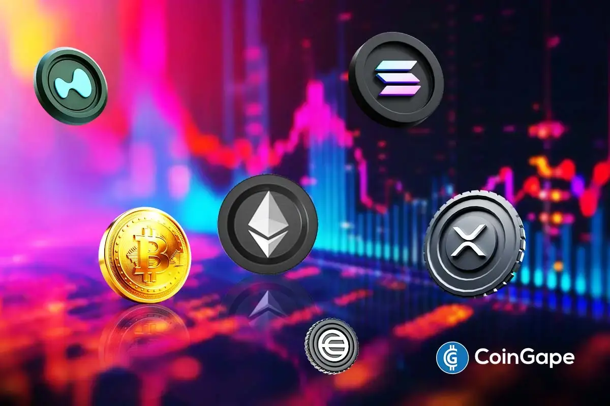 Moedas digitais Bitcoin, Ethereum, XRP, Solana e outras criptomoedas representadas em 3D sobre fundo de gráficos de mercado em vermelho e azul