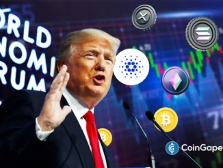 Presidente dos EUA Donald Trump em pronunciamento no Fórum Econômico Mundial com logos de criptomoedas Bitcoin, Ethereum, XRP, Solana e Cardano flutuando ao redor e gráficos de mercado ao fundo.