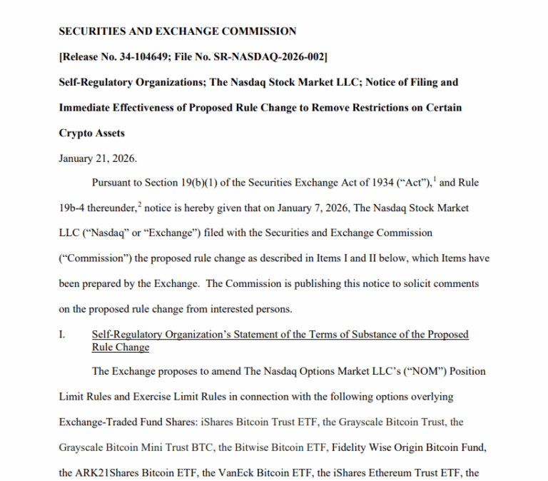 Página do documento da SEC mostrando aviso de mudança regulatória proposta pela Nasdaq para ETFs de criptomoedas.