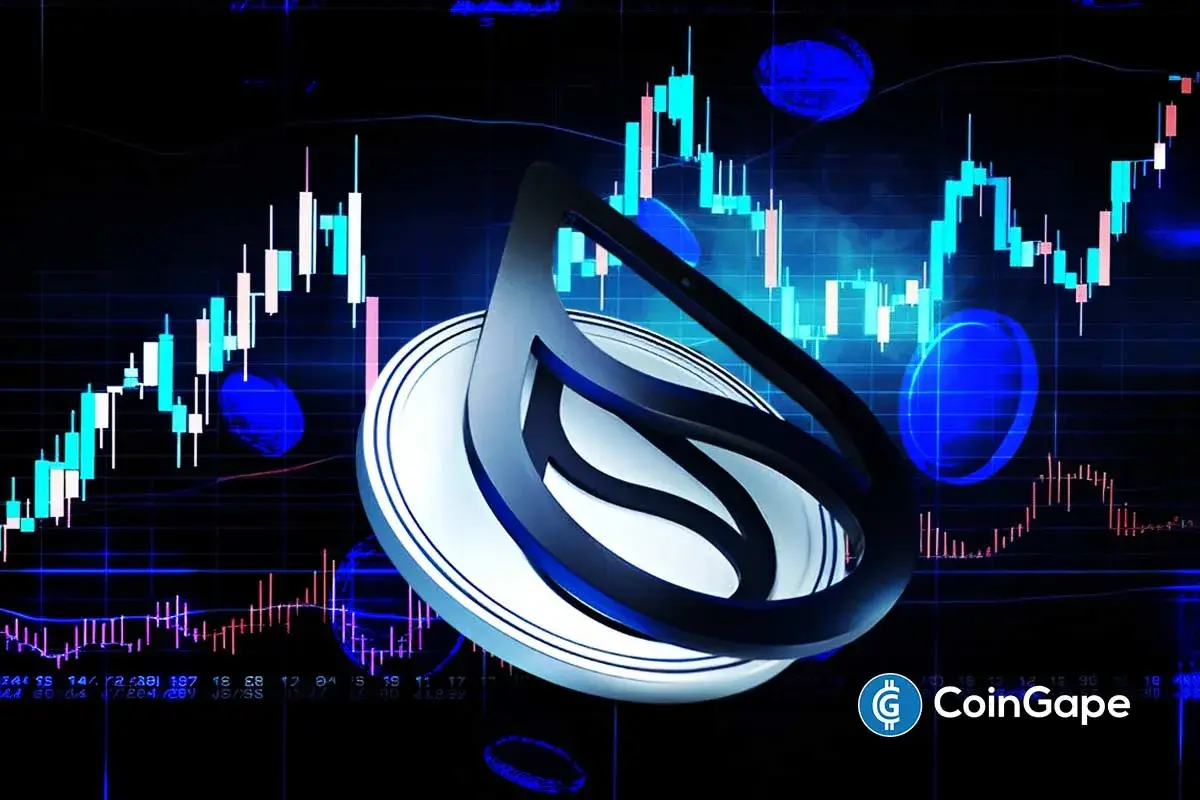 Logotipo da rede Sui em destaque com gráficos de candlestick e análise técnica ao fundo.