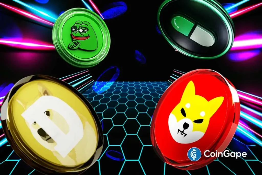 Representação artística 3D de moedas Dogecoin, Shiba Inu e Pepe sobre grade hexagonal com efeitos neon.