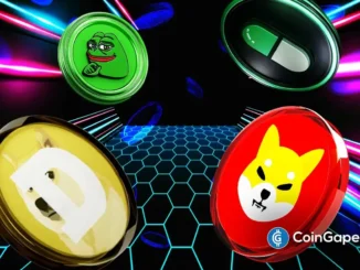 Representação artística 3D de moedas Dogecoin, Shiba Inu e Pepe sobre grade hexagonal com efeitos neon.