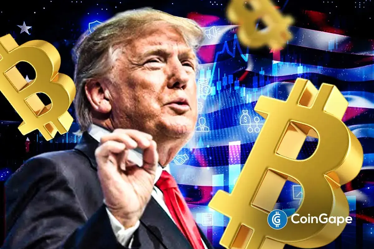 Imagem ilustrativa de Donald Trump com símbolos do Bitcoin e gráficos ao fundo representando seu discurso em Davos.