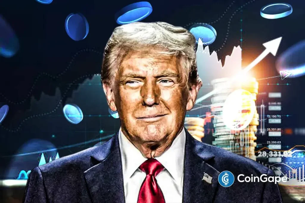 Ilustração de Donald Trump com elementos visuais de criptomoedas e gráficos de mercado ao fundo