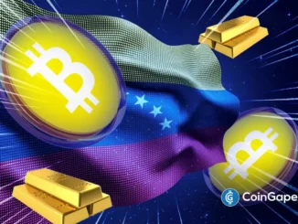 Ilustração digital mostrando símbolos do Bitcoin em esferas douradas e barras de ouro físico sobre a bandeira da Venezuela com elementos tecnológicos luminosos.