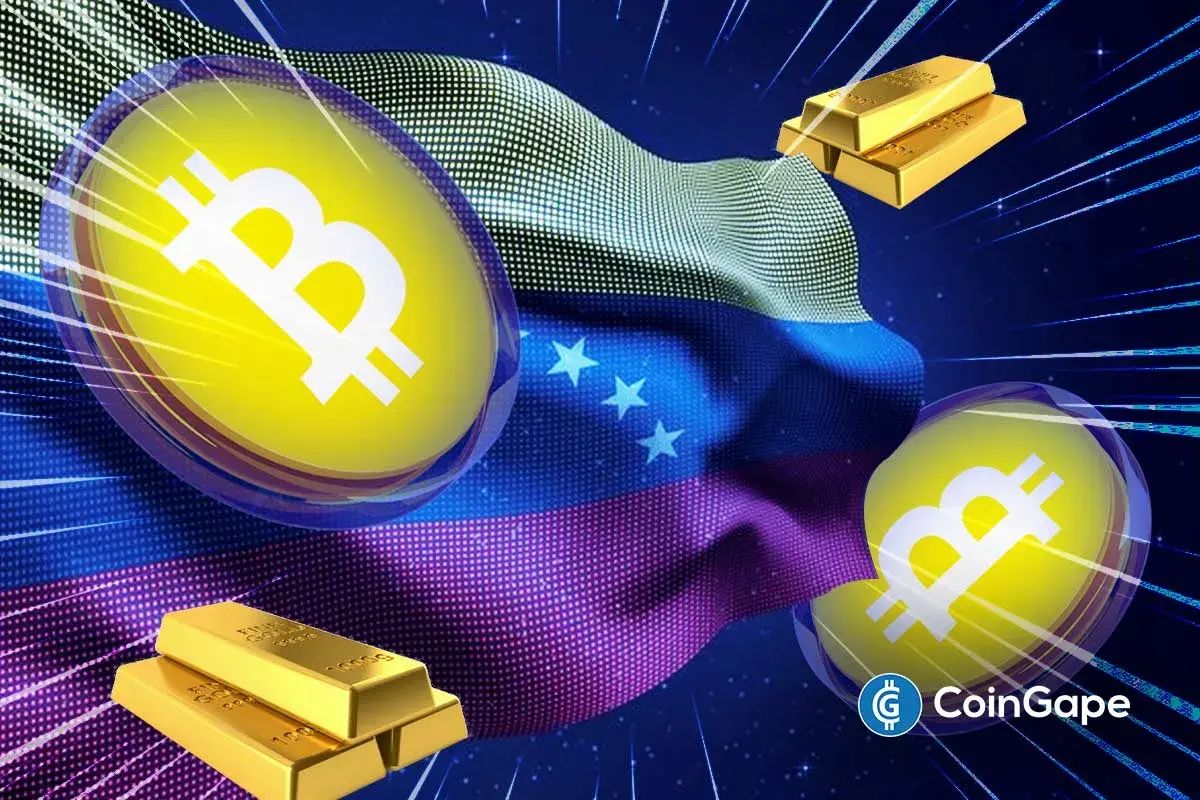 Ilustração digital mostrando símbolos do Bitcoin em esferas douradas e barras de ouro físico sobre a bandeira da Venezuela com elementos tecnológicos luminosos.