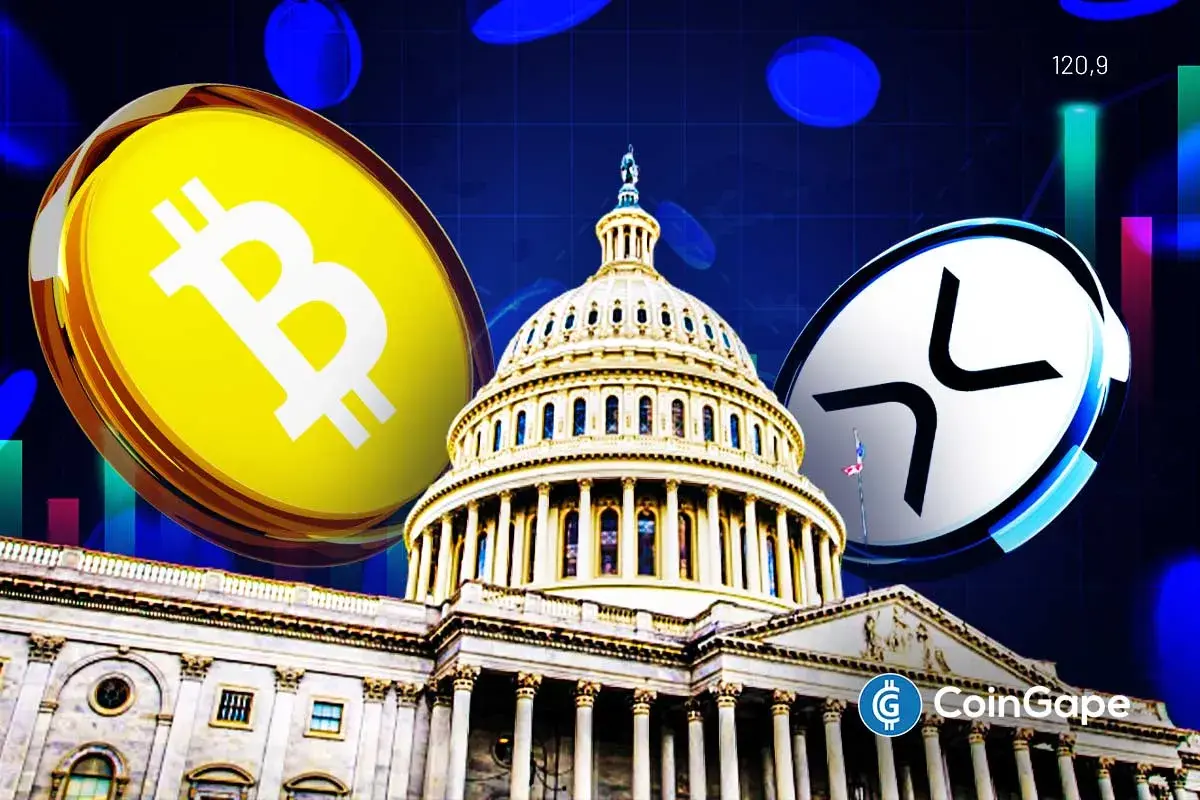 Moedas digitais Bitcoin e XRP em destaque com o Capitólio dos EUA ao fundo