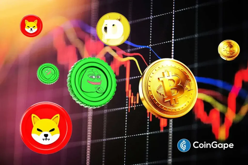 Ilustração mostrando Bitcoin, Dogecoin, Shiba Inu e PEPE com gráficos de mercado em queda ao fundo