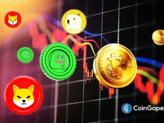 Ilustração mostrando Bitcoin, Dogecoin, Shiba Inu e PEPE com gráficos de mercado em queda ao fundo