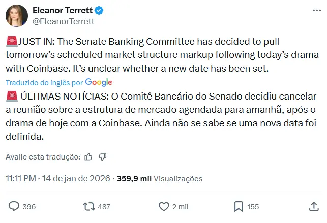 Tweet de Eleanor Terrett anunciando cancelamento da revisão do projeto cripto