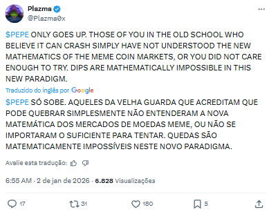 Post do trader Plazma defendendo que a PEPE pode subir exponencialmente