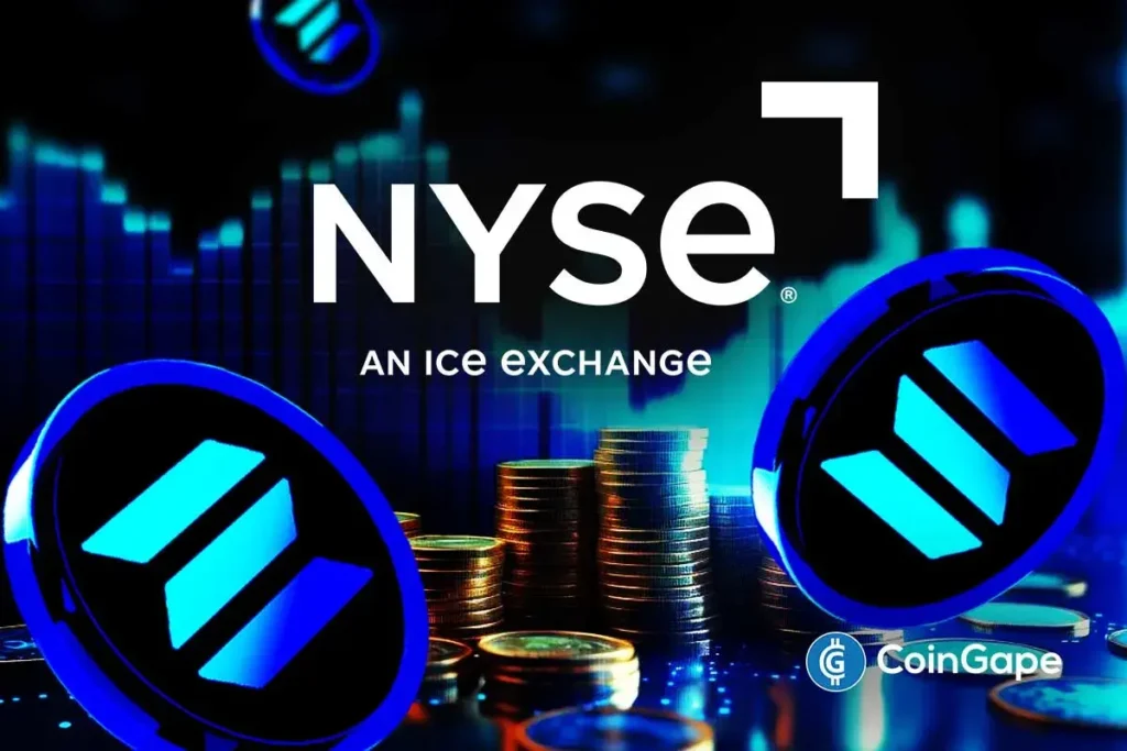 Imagem ilustrativa mostrando logo da NYSE com símbolos de Solana e pilhas de moedas sobre fundo tecnológico