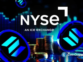 Imagem ilustrativa mostrando logo da NYSE com símbolos de Solana e pilhas de moedas sobre fundo tecnológico