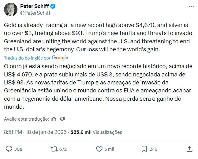 Tweet de Peter Schiff sobre ouro atingindo US$ 4.670 e prata acima de US$ 93.