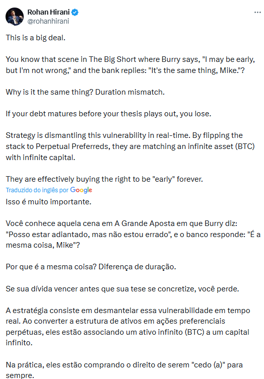 Post no X de Rohan Hirani explicando como MicroStrategy mitiga risco de falência com ações preferenciais perpétuas.
