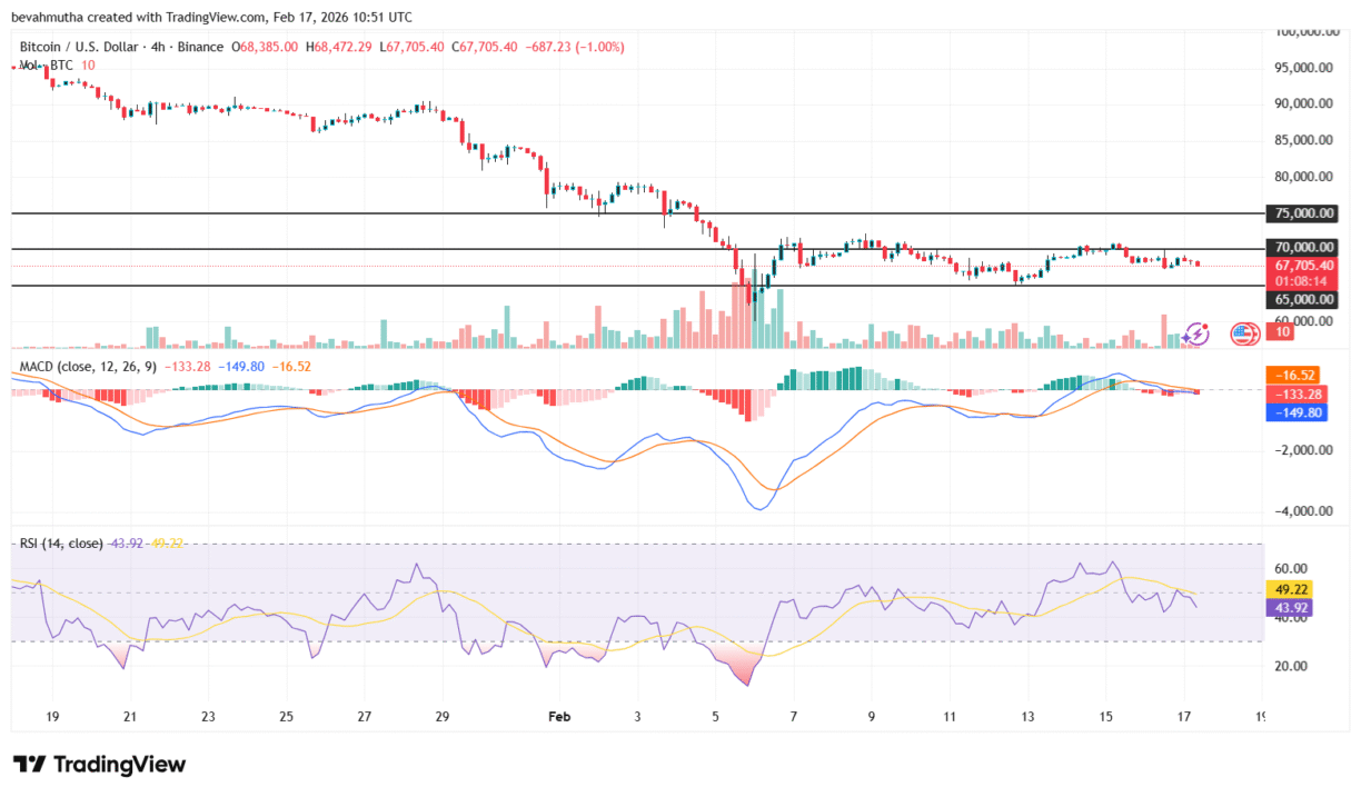 Gráfico de candlestick do par BTC/USDT em período de 4 horas, exibindo indicadores MACD e RSI, com níveis de suporte em US$ 65 mil e resistência em US$ 75 mil.