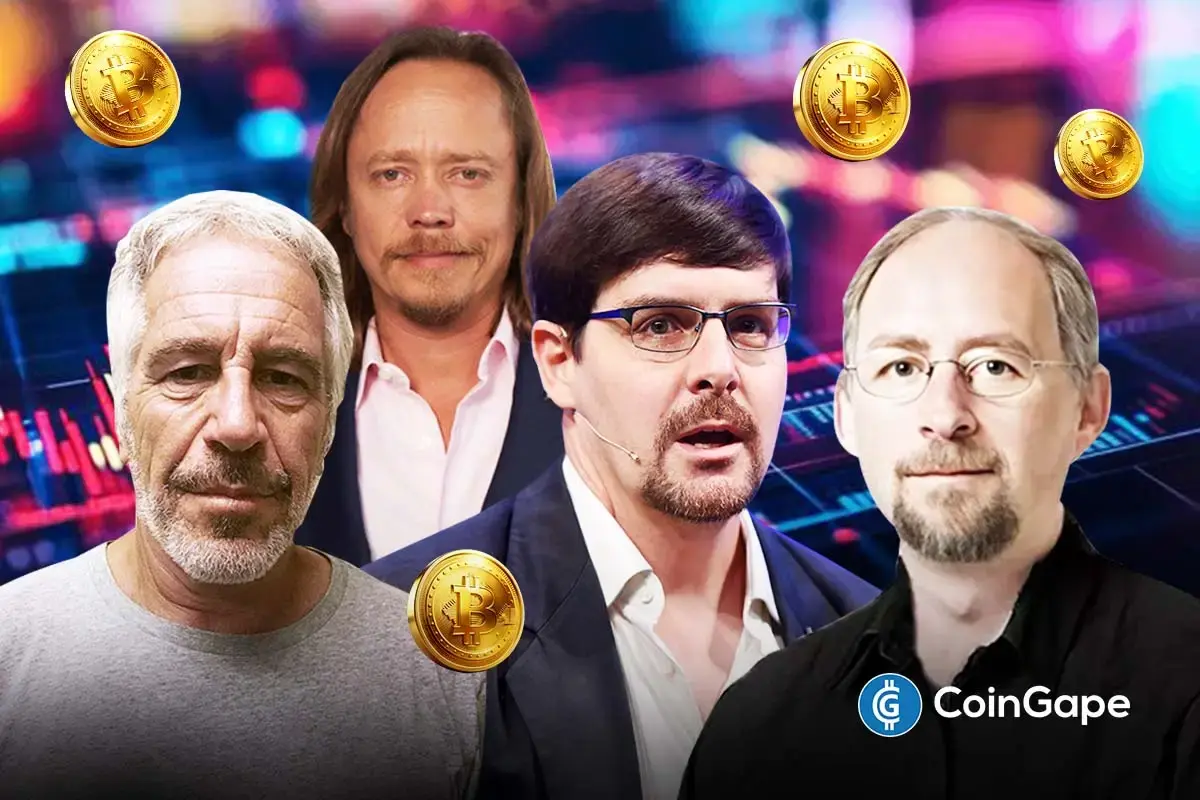 Montagem mostrando personalidades do ecossistema Bitcoin com símbolos de moedas e gráficos em queda ao fundo.