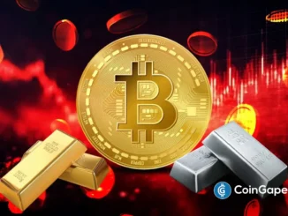 Moeda dourada de Bitcoin em destaque com barras de ouro e prata ao fundo e gráfico vermelho de volatilidade.