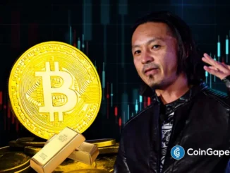 Analista Willy Woo ao lado de símbolo do Bitcoin e barras de ouro, com gráfico de mercado ao fundo.