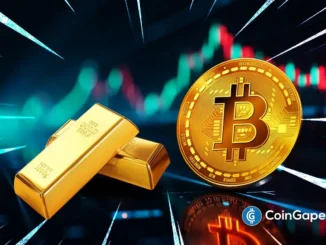Ilustração de uma moeda de Bitcoin dourada ao lado de duas barras de ouro, com gráficos de candlestick ao fundo representando o mercado financeiro.