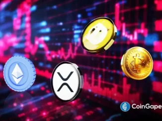 Ilustração 3D de moedas físicas representando Bitcoin, Ethereum, XRP e Dogecoin sobre fundo de gráficos vermelhos em queda