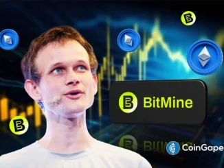 Ilustração mostrando Vitalik Buterin com símbolos de Ethereum e logotipo da BitMine sobre fundo de gráfico de preços de criptomoedas
