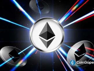 Moeda do Ethereum em primeiro plano com feixes de luz azuis e vermelhos simbolizando movimentos de mercado.