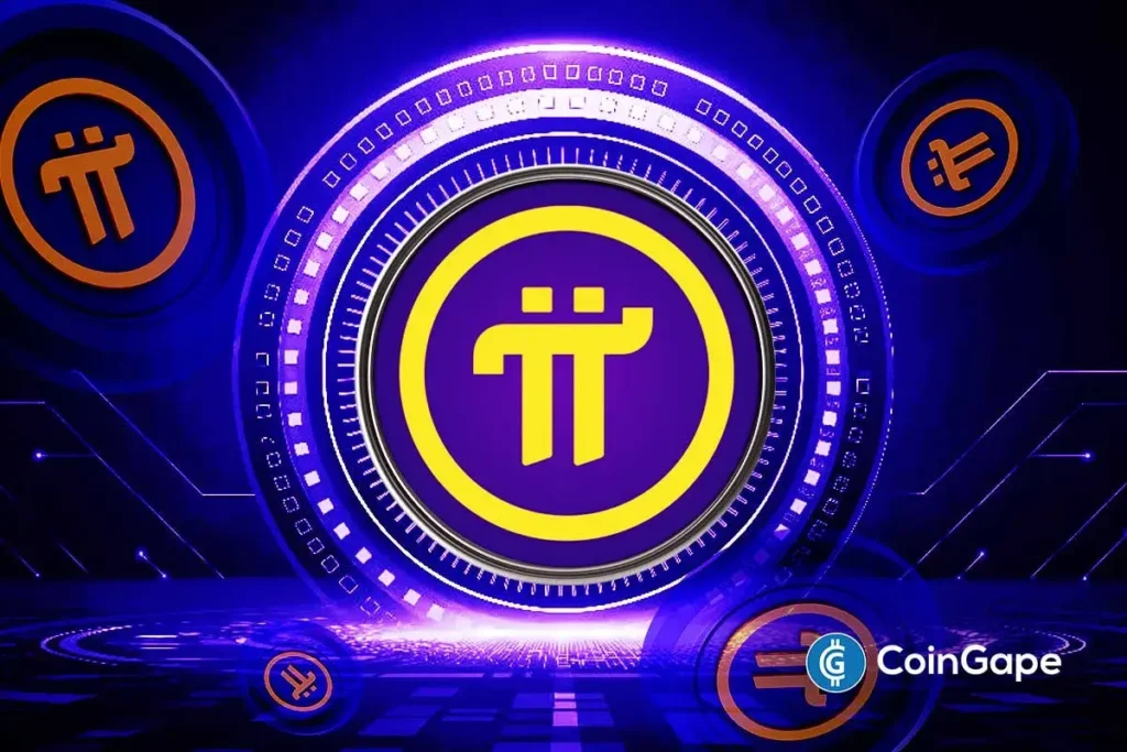 Logo da criptomoeda Pi Network em destaque com design futurista em tons de roxo, azul e amarelo