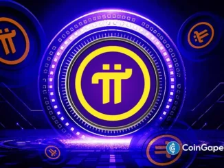 Logo da criptomoeda Pi Network em destaque com design futurista em tons de roxo, azul e amarelo