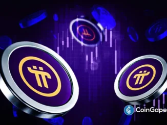 Ilustração conceitual da criptomoeda Pi Network com tokens em 3D e gráficos de preço em fundo roxo