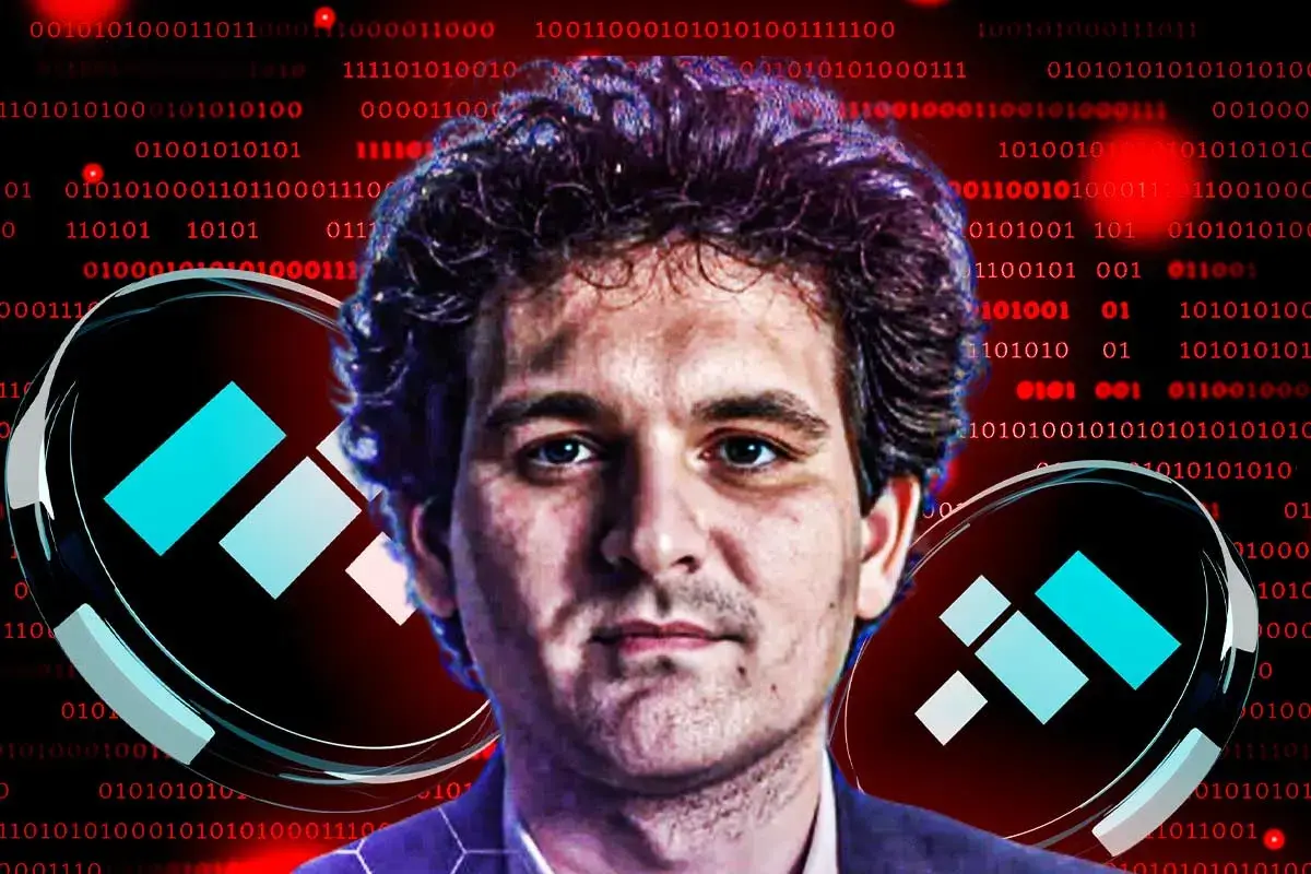 Sam Bankman-Fried com logos da FTX e código binário ao fundo representando fraude cripto.