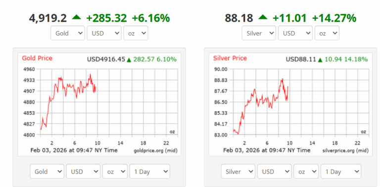 Gráficos comparativos mostrando alta de 6,16% no ouro e 14,27% na prata
