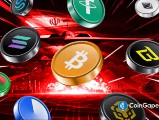 Ilustração com moedas de Bitcoin, Solana, Ethereum, BNB e outras criptomoedas caindo sobre fundo vermelho com referência a tensões geopolíticas.