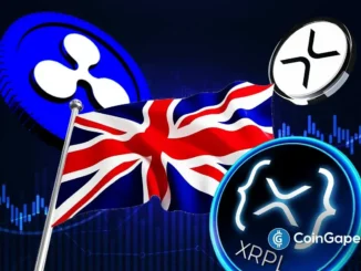 Ilustração digital mostrando bandeira do Reino Unido com logos da Ripple e XRP representando parceria para tokenização de ativos