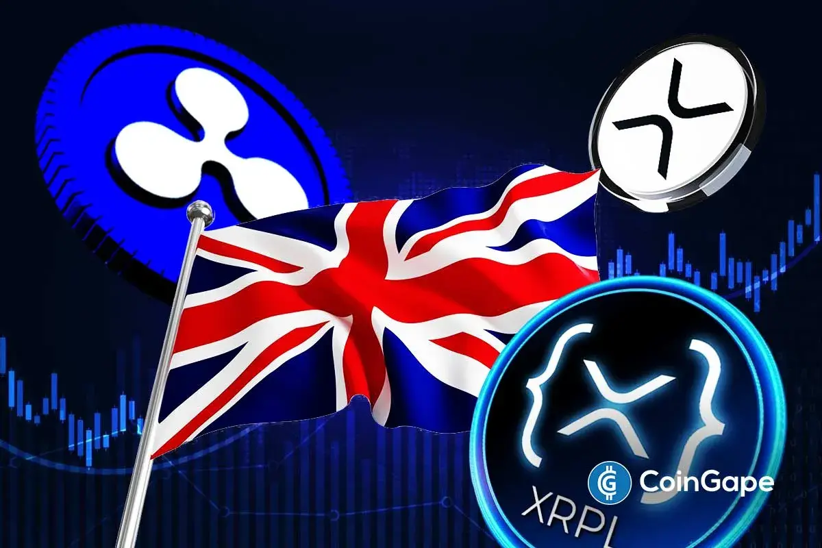 Ilustração digital mostrando bandeira do Reino Unido com logos da Ripple e XRP representando parceria para tokenização de ativos
