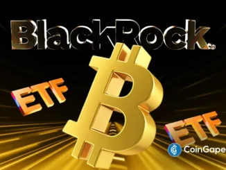 Ilustração com o logotipo da BlackRock, o símbolo do Bitcoin em dourado e a sigla ETF em destaque sobre fundo escuro com efeitos de luz.