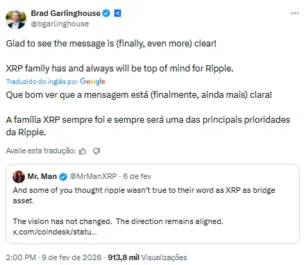 Captura de tela do tweet de Brad Garlinghouse, CEO da Ripple, reafirmando que a família XRP sempre será prioridade para a empresa