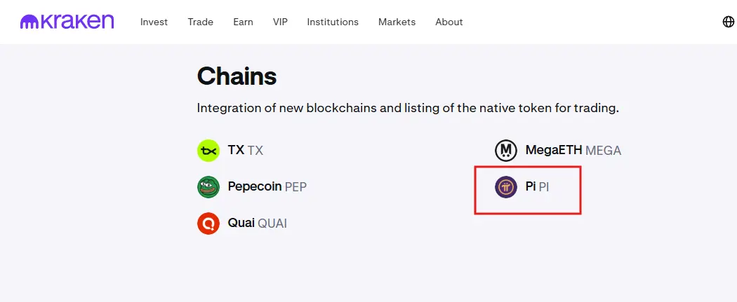 Página do site da Kraken exibindo a seção "Chains", com o token PI da Pi Network destacado em vermelho entre os ativos previstos para listagem.