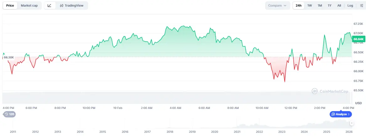 Gráfico de linha do CoinMarketCap mostrando a variação do preço do Bitcoin entre US$ 65.750 e US$ 67.250 ao longo de 24 horas, com destaque para queda e recuperação.