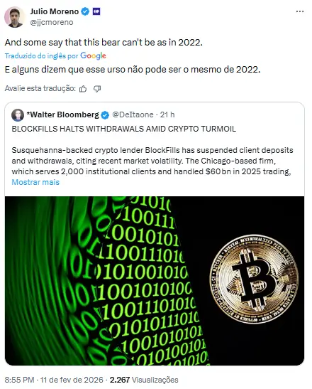 Tweet de Julio Moreno da CryptoQuant comentando sobre suspensão de depósitos e saques da BlockFills.