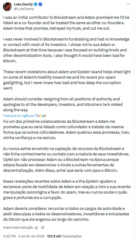Captura de tela do tweet de Luke Dashjr criticando Adam Back e revelando detalhes sobre a Blockstream.