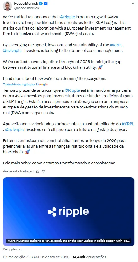 Tweet de Reece Merrick anunciando parceria da Ripple com Aviva Investors para tokenização de ativos no XRP Ledger.