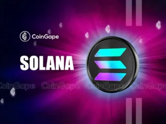 Logotipo da Solana (SOL) com símbolo em gradiente azul e verde sobre fundo roxo com efeito de luz.