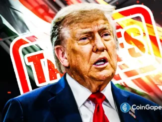 Ilustração de Donald Trump com a palavra tarifas ao fundo, representando a política comercial do presidente dos Estados Unidos.