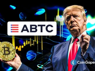 Montagem com logo da ABTC, moeda de Bitcoin e imagem de Donald Trump em fundo com gráficos financeiros.