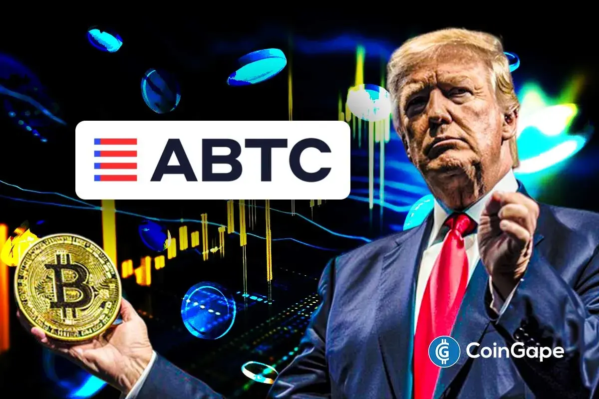Montagem com logo da ABTC, moeda de Bitcoin e imagem de Donald Trump em fundo com gráficos financeiros.