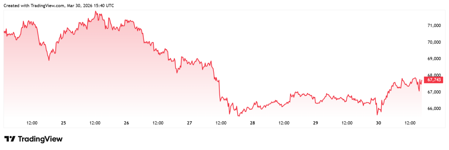 Gráfico do TradingView exibindo valorização do Bitcoin para US$ 67.743.