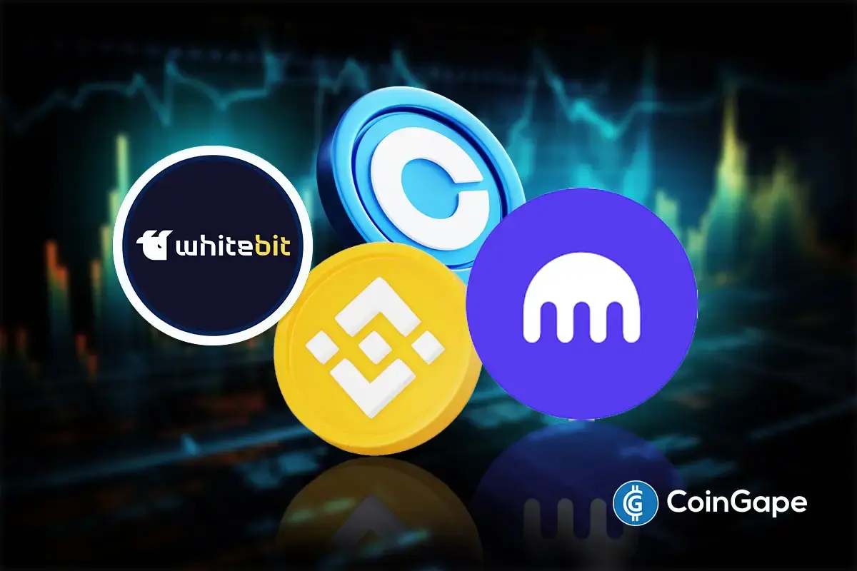 Logos das exchanges WhiteBIT, Coinbase, Binance e Kraken em destaque sobre fundo de gráfico de trading.